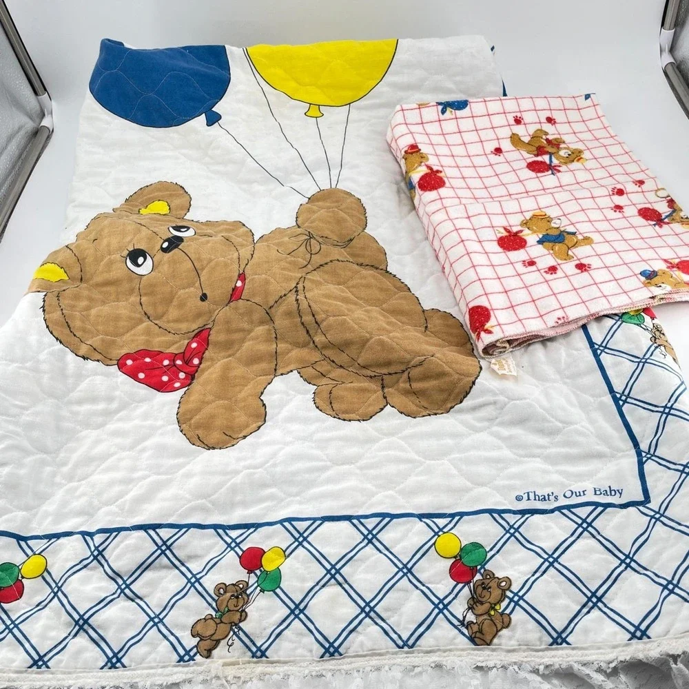 Vtg Thats Our Baby Teddy Bear Quilt & Dundee Flannel Blanket Set Balloons 2pc